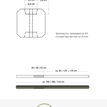 Betonpaal glad met diamantkop 10x10x310 cm, antraciet gecoat, hoekpaal t.b.v. 2 betonplaten