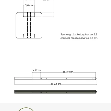 Lichtgewicht betonpaal met diamantkop ongecoat 8.5x8.5x280 cm, tussenpaal, antraciet
