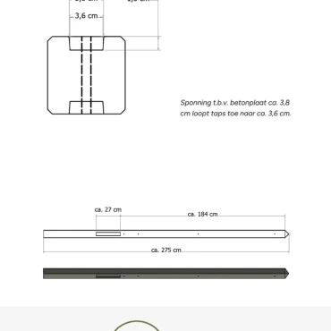 Lichtgewicht betonpaal met diamantkop ongecoat 8.5x8.5x280 cm, eindpaal, antraciet