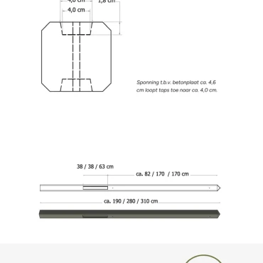 Betonpaal glad met diamantkop 10x10x190 cm, grijs ongecoat, eindpaal t.b.v. scherm 90 cm hoog.