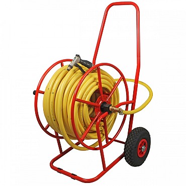 Professionele haspel met luchtbanden gemonteerd 50m - 3/4 inch met gele tuinslang no twist en 3/4 inch messing koppelingen + pistool (volledig gebruiksklaar)