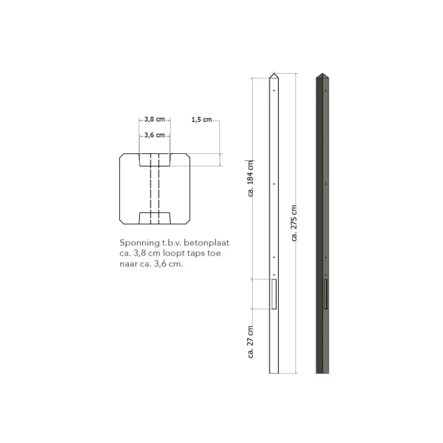 Lichtgewicht betonpaal met diamantkop ongecoat 8.5x8.5x280 cm, tussenpaal, antraciet