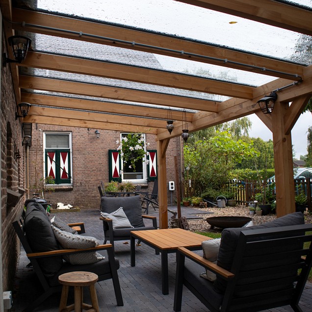 Pext Veranda Douglas - 7440x2500 muuraanbouw - staanders 14x14 cm - zwart - gelaagd glas