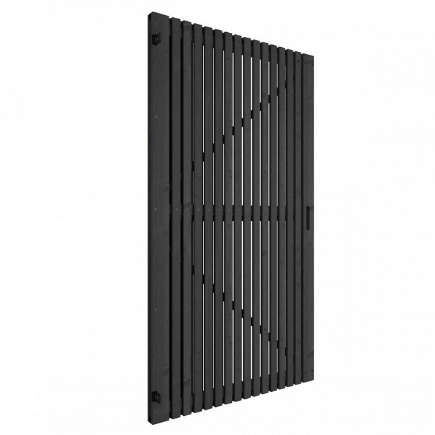 Grenen geschaafd latten deur op verstelbaar frame, verticaal, 178x99x5 cm, zwart gespoten.