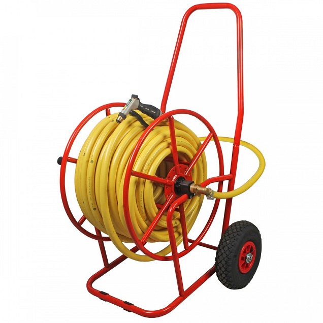 Professionele haspel met luchtbanden gemonteerd 50m - 3/4 inch met gele tuinslang no twist en 3/4 inch messing koppelingen + pistool (volledig gebruiksklaar)