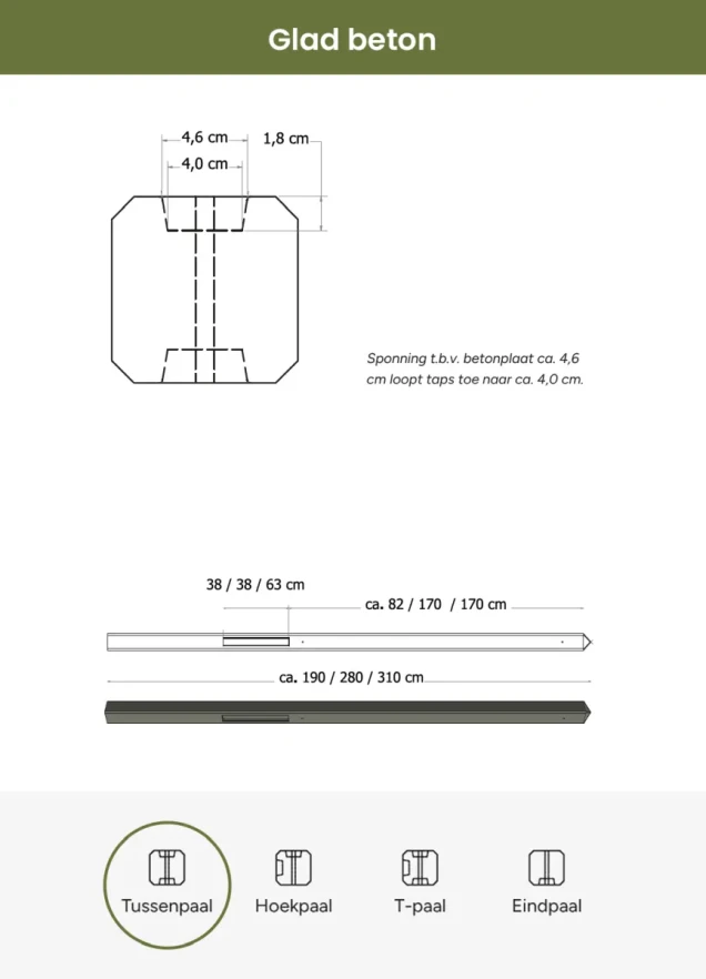 Betonpaal glad met diamantkop 10x10x310 cm, antraciet gecoat, tussenpaal t.b.v. 2 betonplaten