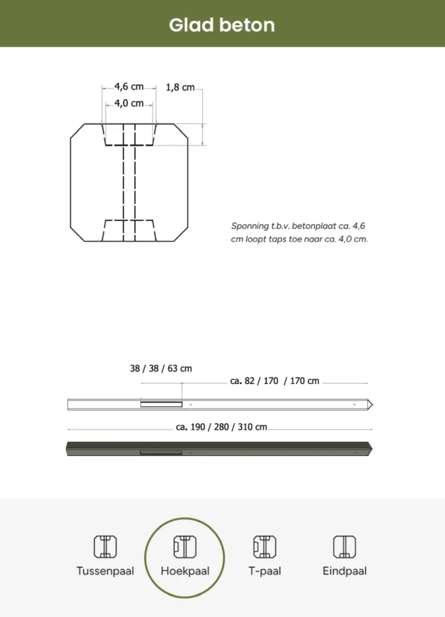Betonpaal glad met diamantkop 10x10x310 cm, antraciet gecoat, hoekpaal t.b.v. 2 betonplaten