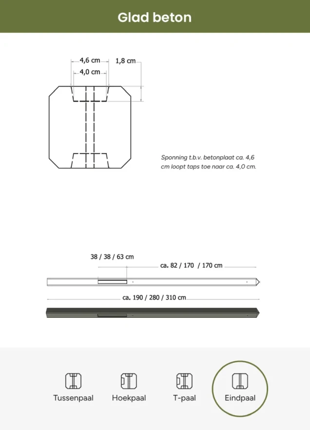 Betonpaal glad met diamantkop 10x10x190 cm, grijs ongecoat, eindpaal t.b.v. scherm 90 cm hoog.